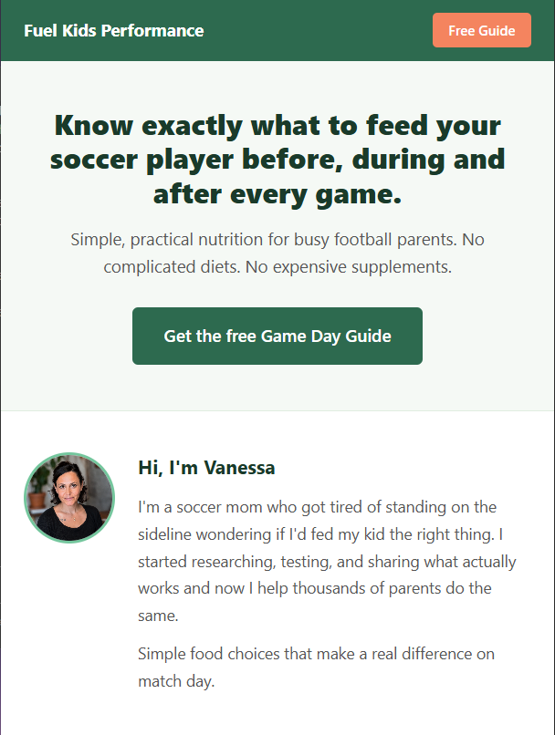 fuelkidsperformance.info landing page — Know exactly what to feed your soccer player