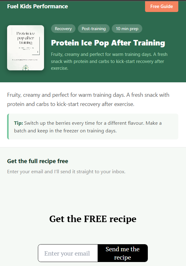 Recipe page for Protein Ice Pop After Training with email capture